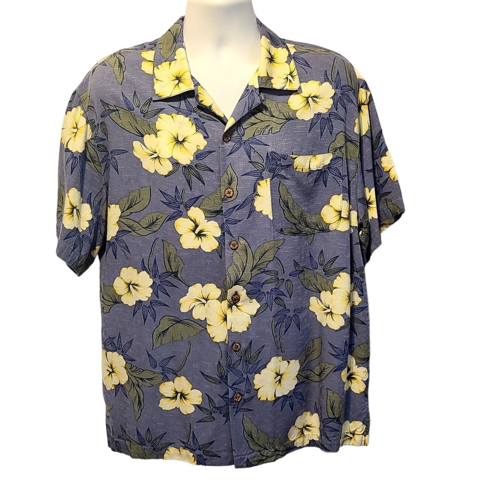 Havana Jacks Cafe Men's Shirt Sz Large Button Up SS Blue with White Florals Camp